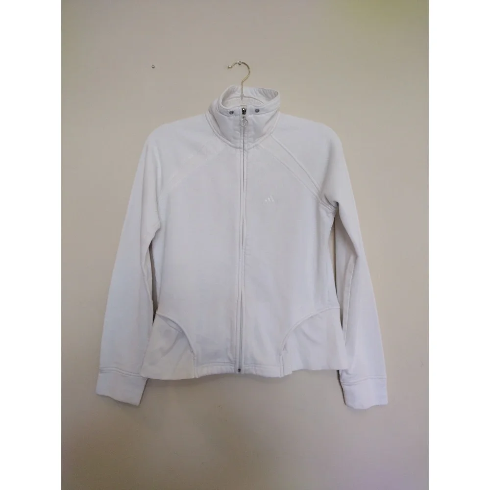 Adidas Athletic Sweatshirt Womans Medium White Full‎ Zip Long Sleeves Mock Neck